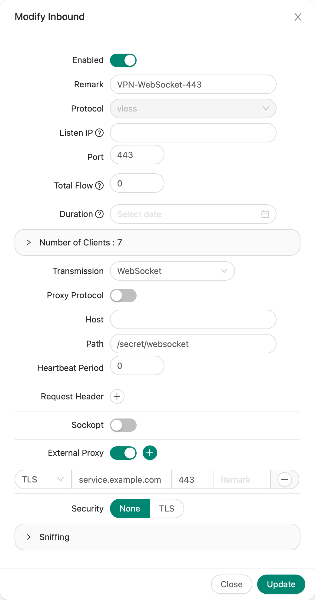 3X-UI inbound configuration for WebSocket transport